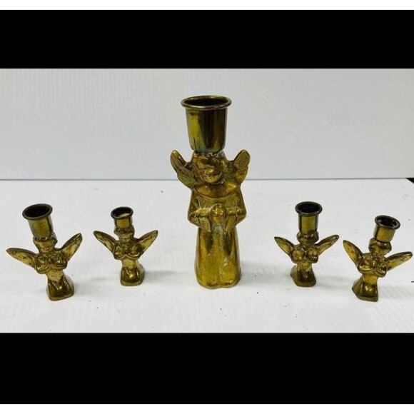 Beautiful Set of 5 Solid Brass Heavy Praying Angels Candlestick Candle Holders - Picture 1 of 4